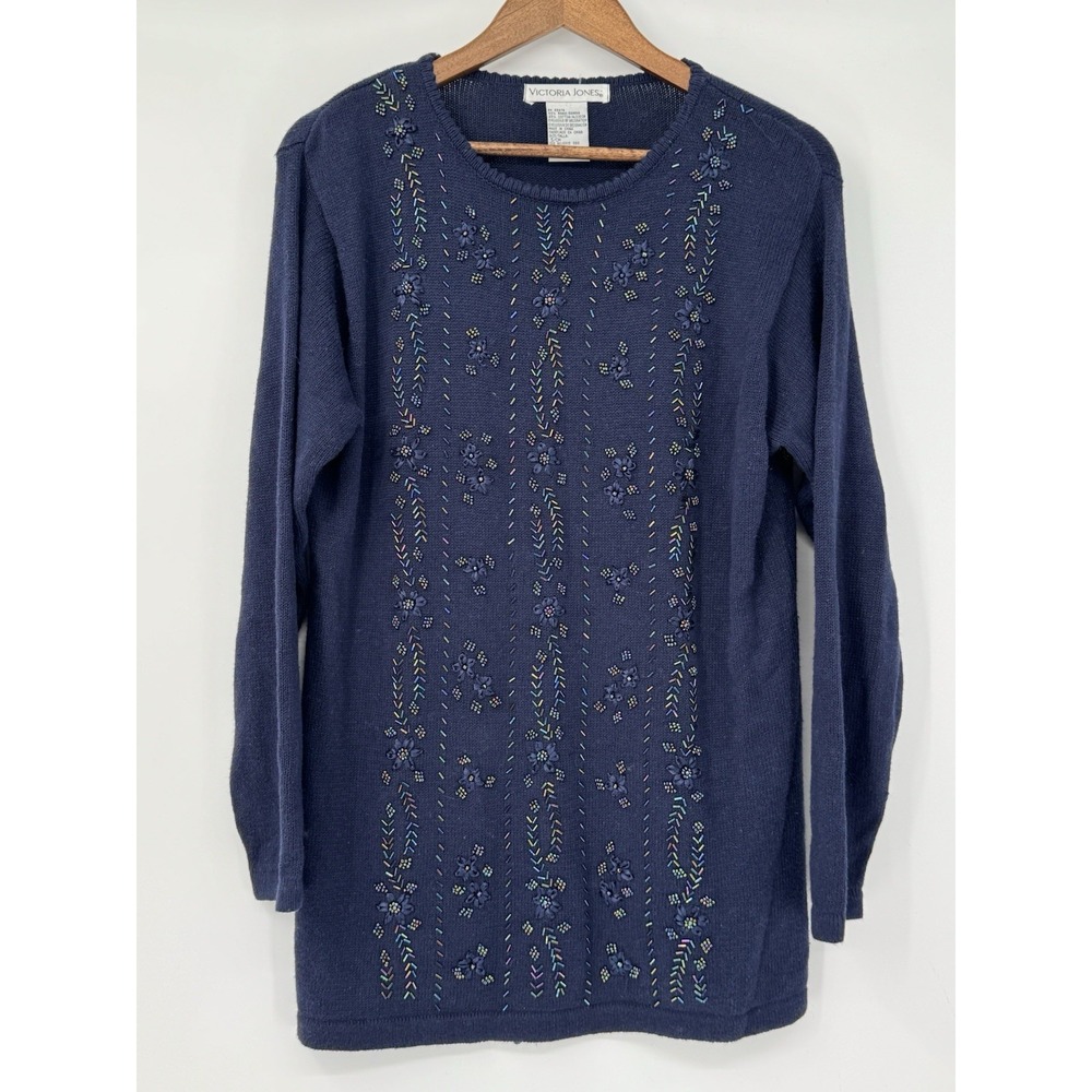 Vtg Victoria Jones Sweater Blue S Dainty Ditzy Floral Beaded Grannie Cottage